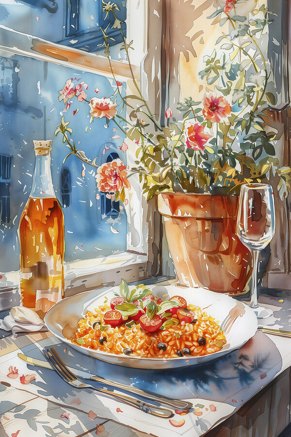 Watercolor painting of food on a table next to a window Watercolor painting of food on a table next to a window