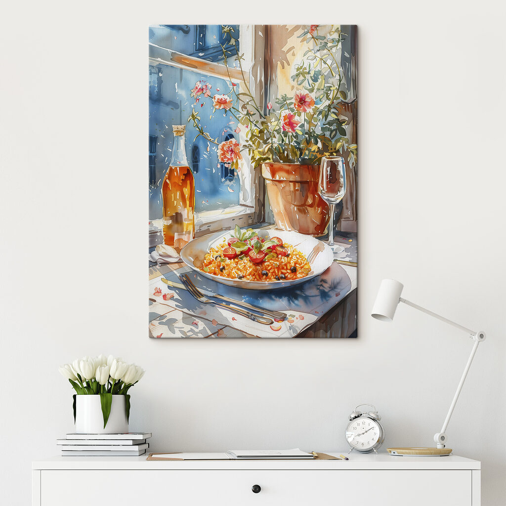 Watercolor painting of food on a table next to a window Watercolor painting of food on a table next to a window