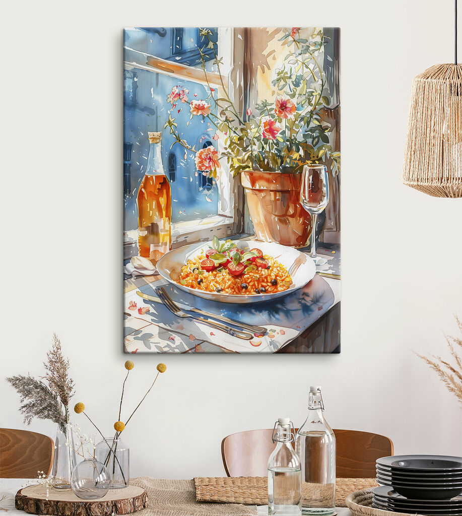Watercolor painting of food on a table next to a window Watercolor painting of food on a table next to a window