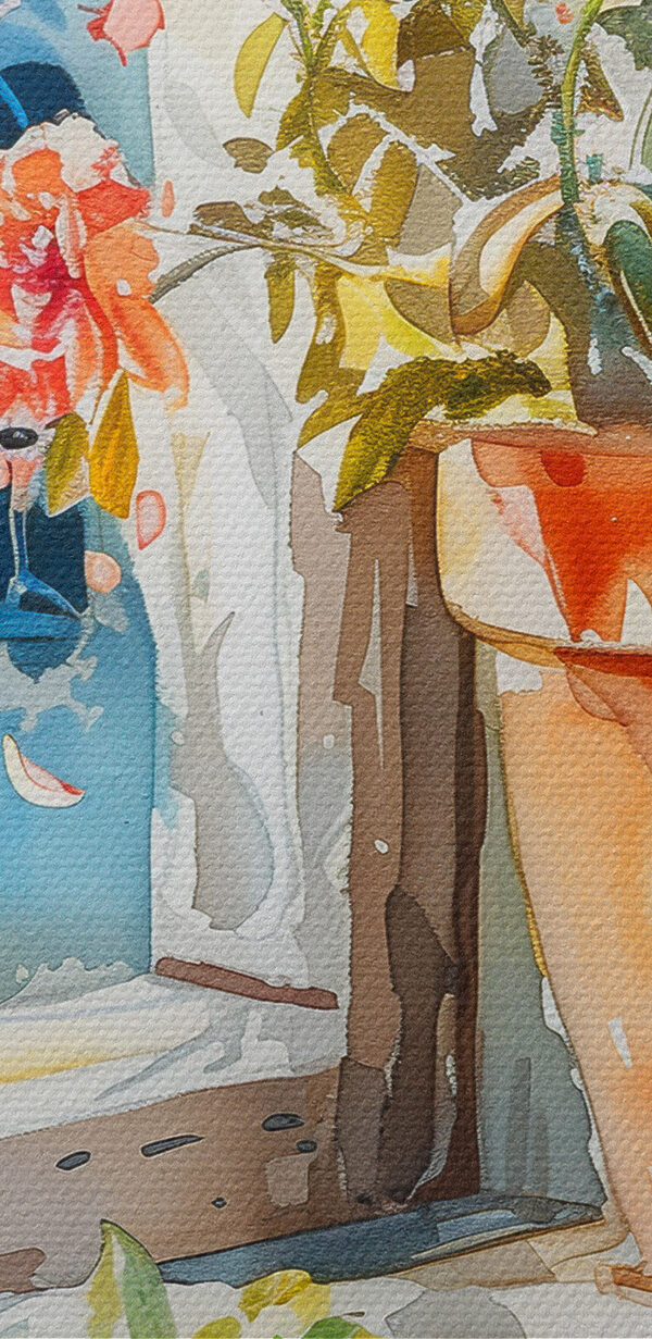 Watercolor painting of food on a table next to a window Watercolor painting of food on a table next to a window
