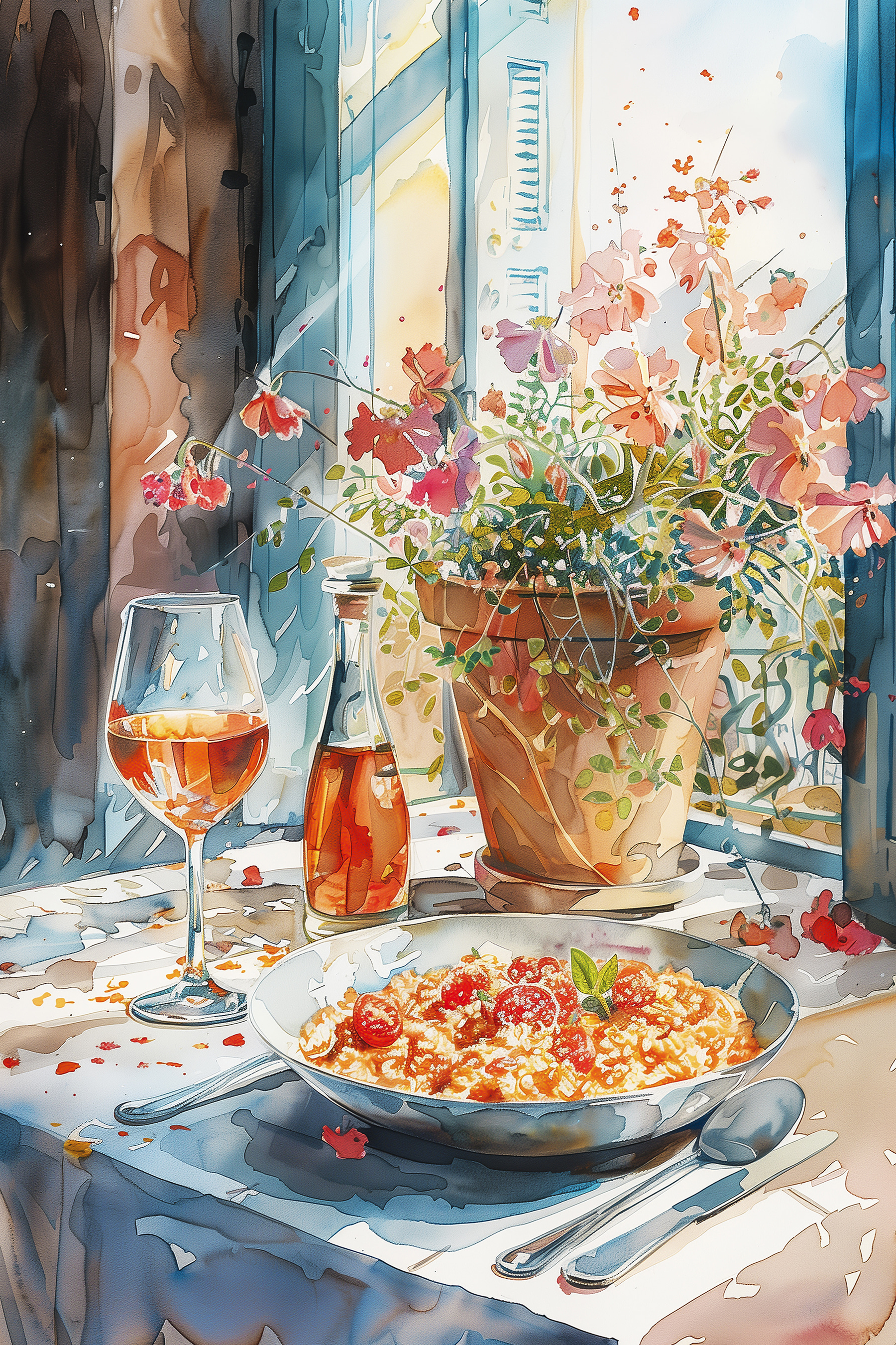Watercolor painting of food and wine Watercolor painting of food and wine
