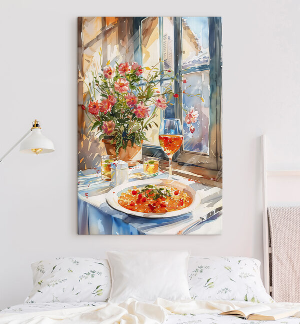 Cuadros Acuarela de una mesa con comida y flores (SKU: s39707) Cuadros Cuadros Acuarela de una mesa con comida y flores (SKU: s39707)