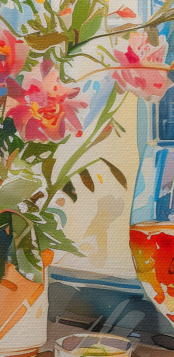 Watercolor painting of a table with food and flowers