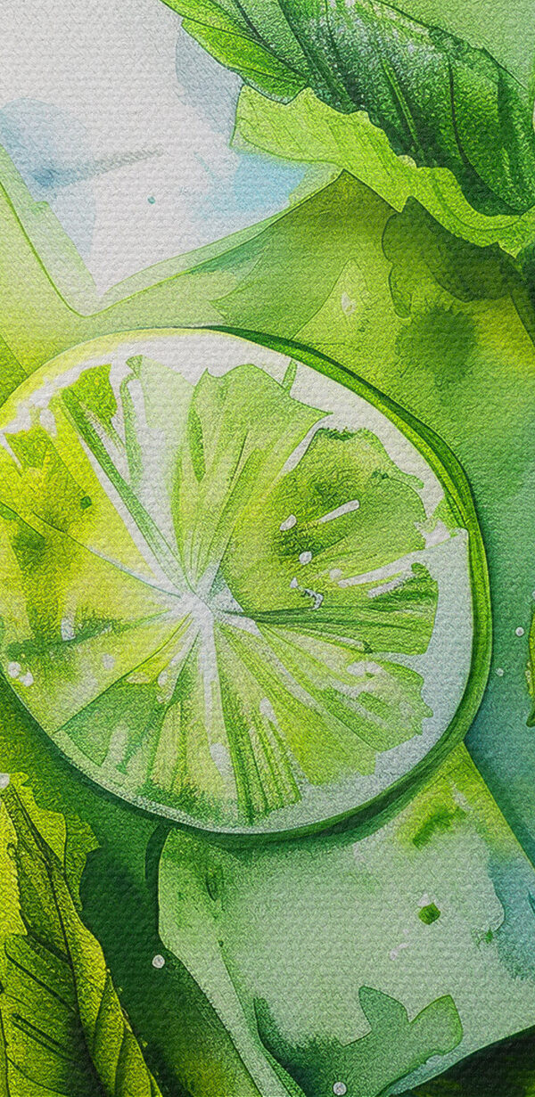 Watercolor of a drink with limes and leaves