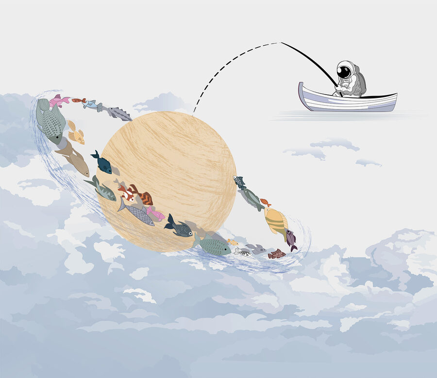 Dibujo animado de un planeta con peces dentro