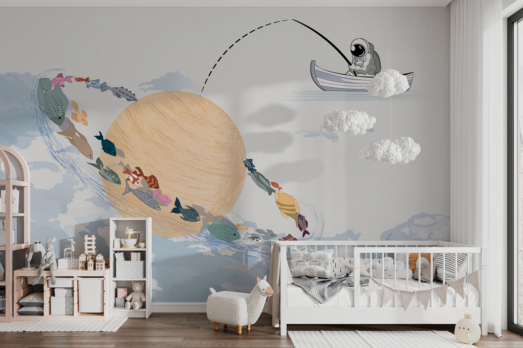 Cartoon of a planet with fish in it