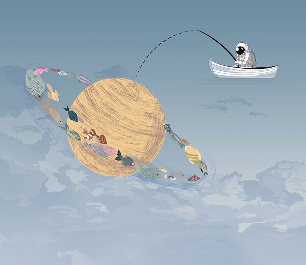Cartoon of a man fishing in a boat in the sky