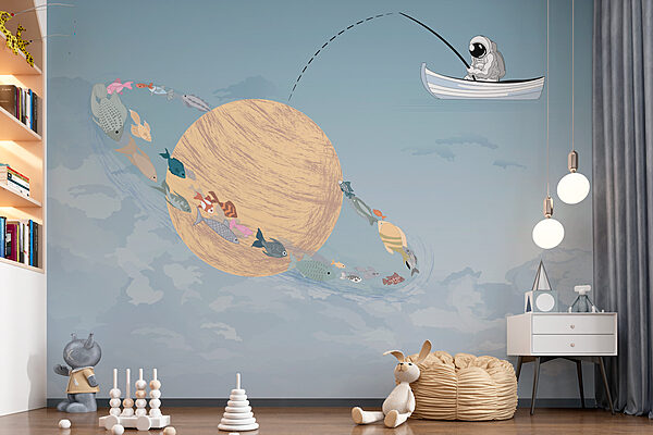 Cartoon of a man fishing in a boat in the sky
