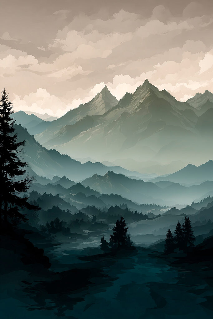 Landscape of mountains and trees Landscape of mountains and trees