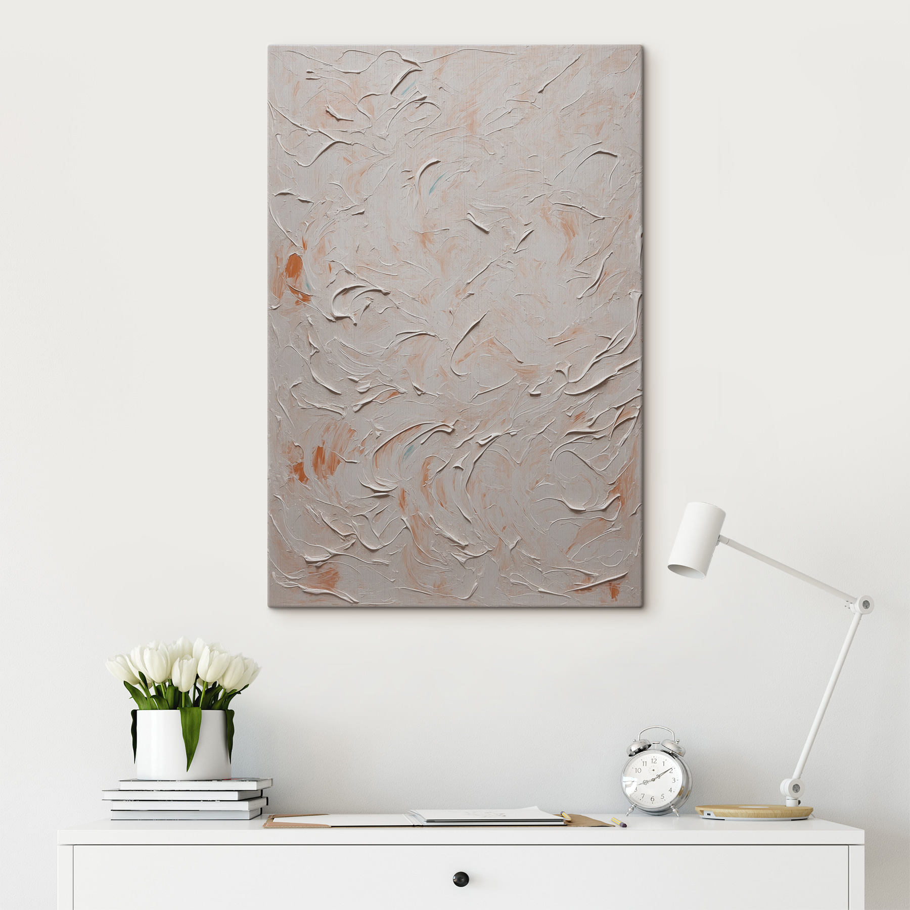 White and orange paint on a white surface