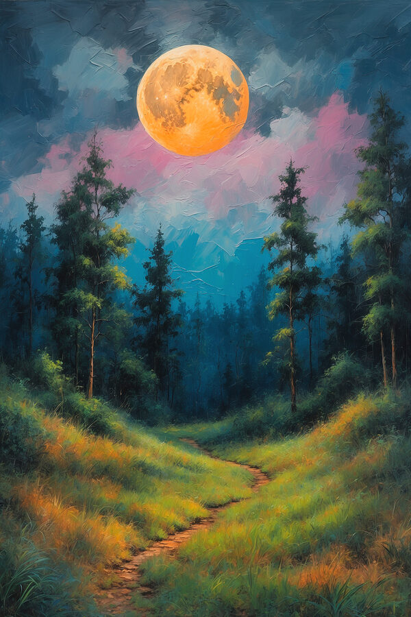 Painting of a path through a forest with trees and a full moon Painting of a path through a forest with trees and a full moon