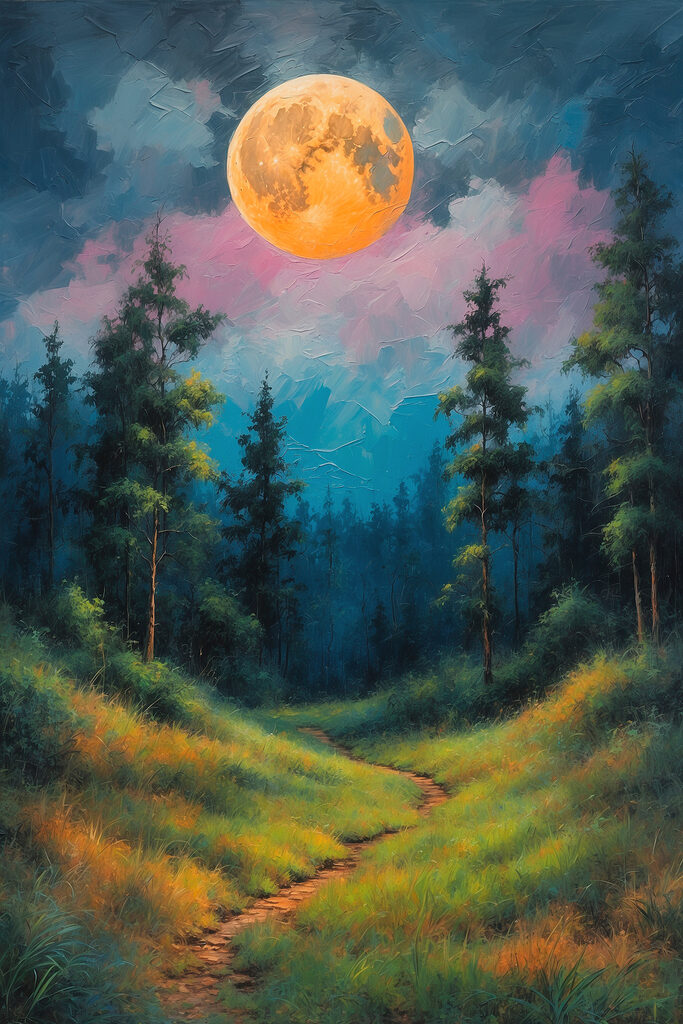Painting of a path through a forest with trees and a full moon Painting of a path through a forest with trees and a full moon