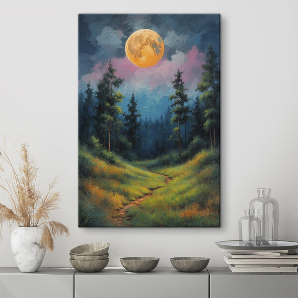 Cuadros Cuadro que representa un sendero en un bosque con árboles y la luna llena (SKU: s39593) Cuadros Cuadros Cuadro que representa un sendero en un bosque con árboles y la luna llena (SKU: s39593)