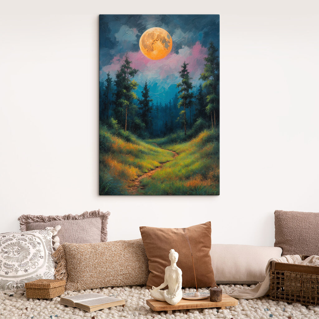 Painting of a path through a forest with trees and a full moon Painting of a path through a forest with trees and a full moon