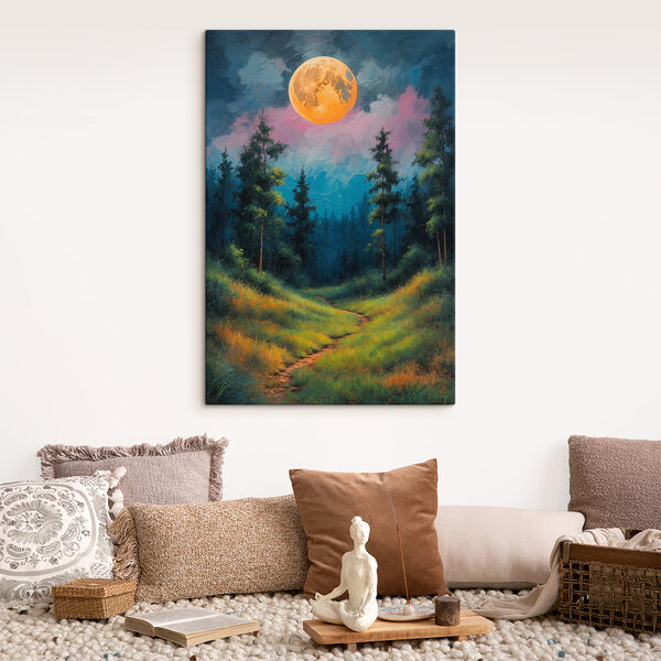 Painting of a path through a forest with trees and a full moon Painting of a path through a forest with trees and a full moon