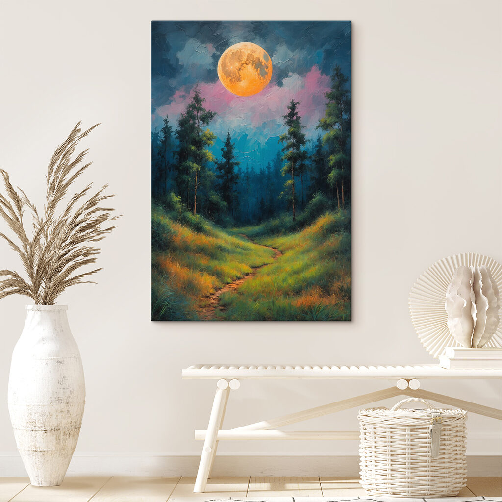 Painting of a path through a forest with trees and a full moon Painting of a path through a forest with trees and a full moon