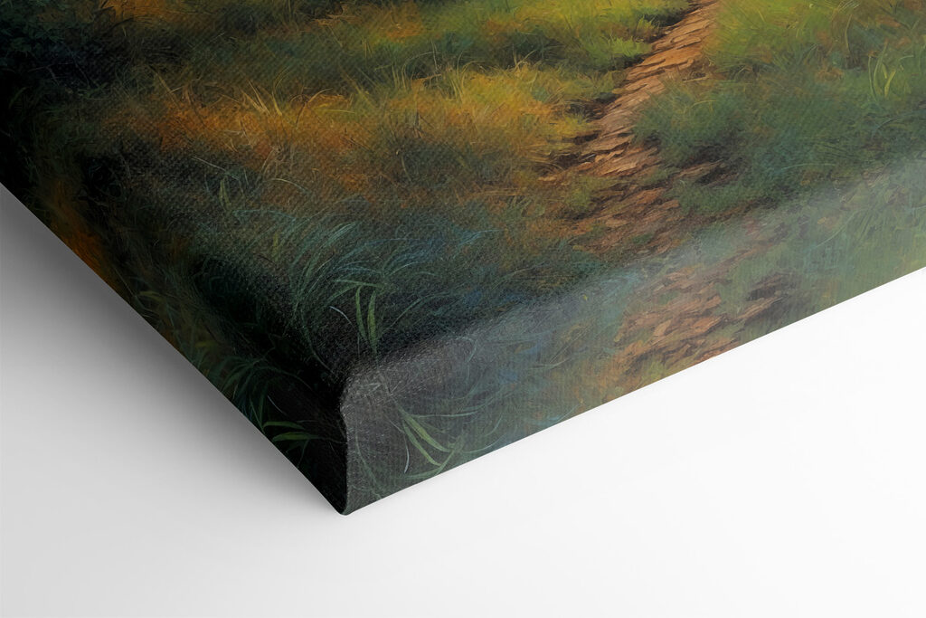 Painting of a path through a forest with trees and a full moon Painting of a path through a forest with trees and a full moon