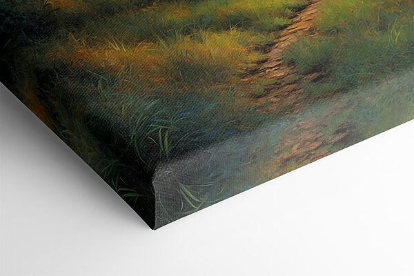 Painting of a path through a forest with trees and a full moon Painting of a path through a forest with trees and a full moon