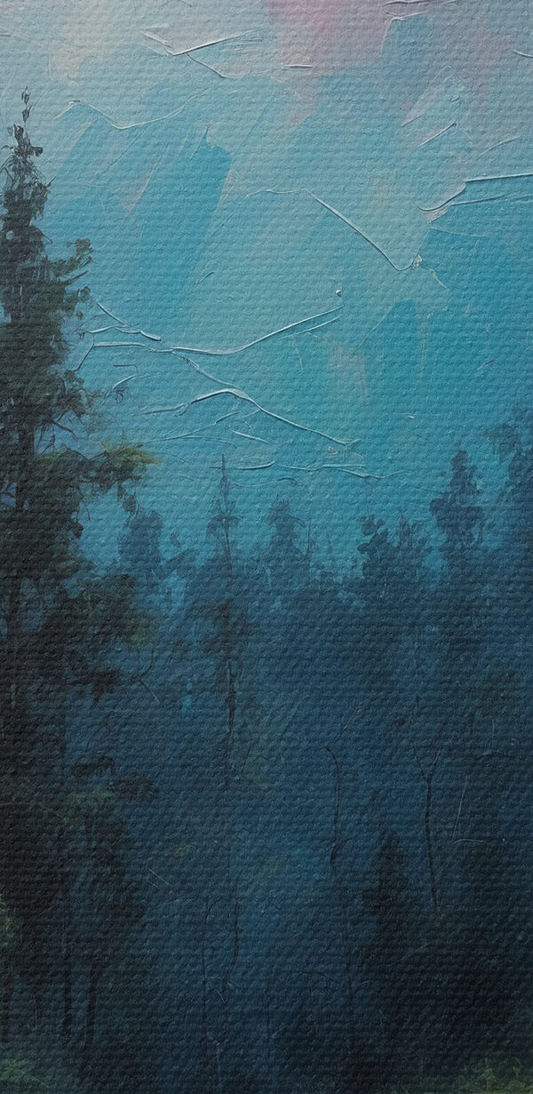 Painting of a path through a forest with trees and a full moon Painting of a path through a forest with trees and a full moon