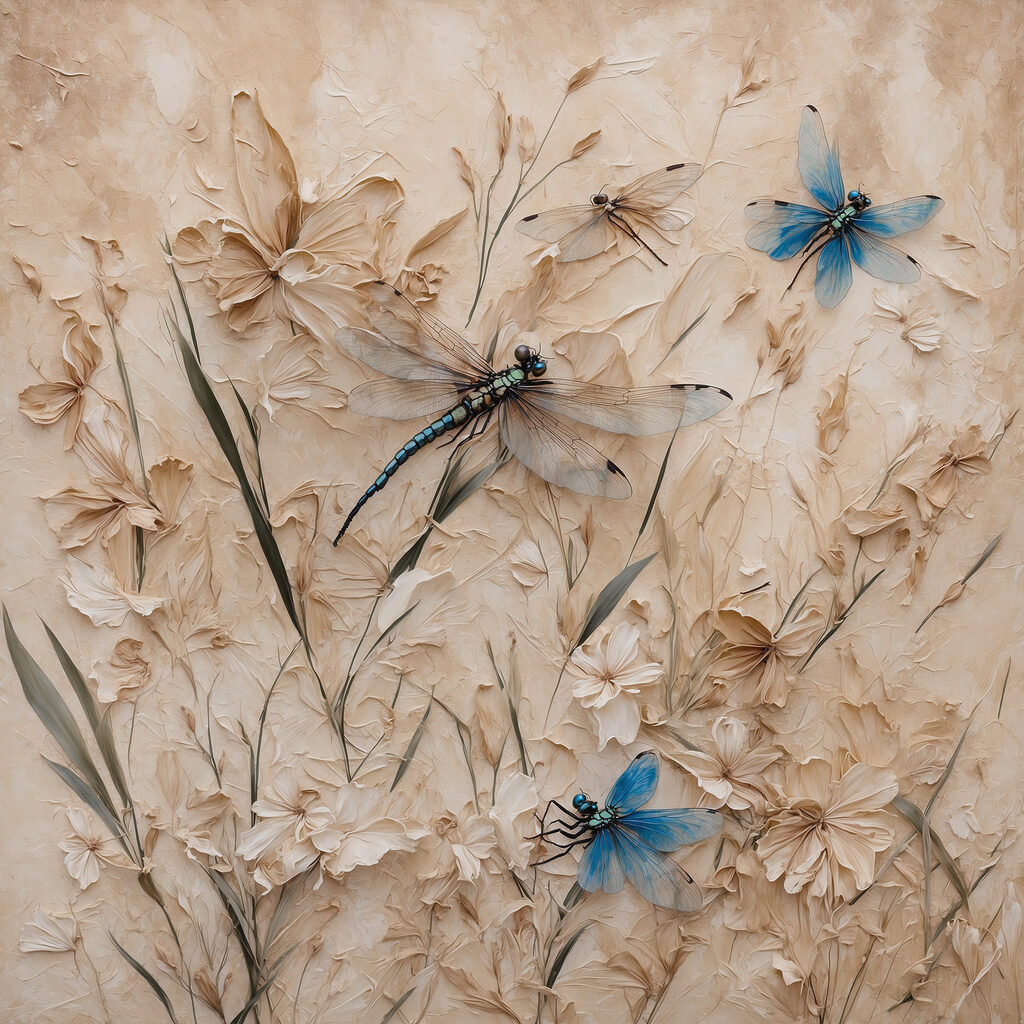 Dragonflies and flowers on a wall Dragonflies and flowers on a wall