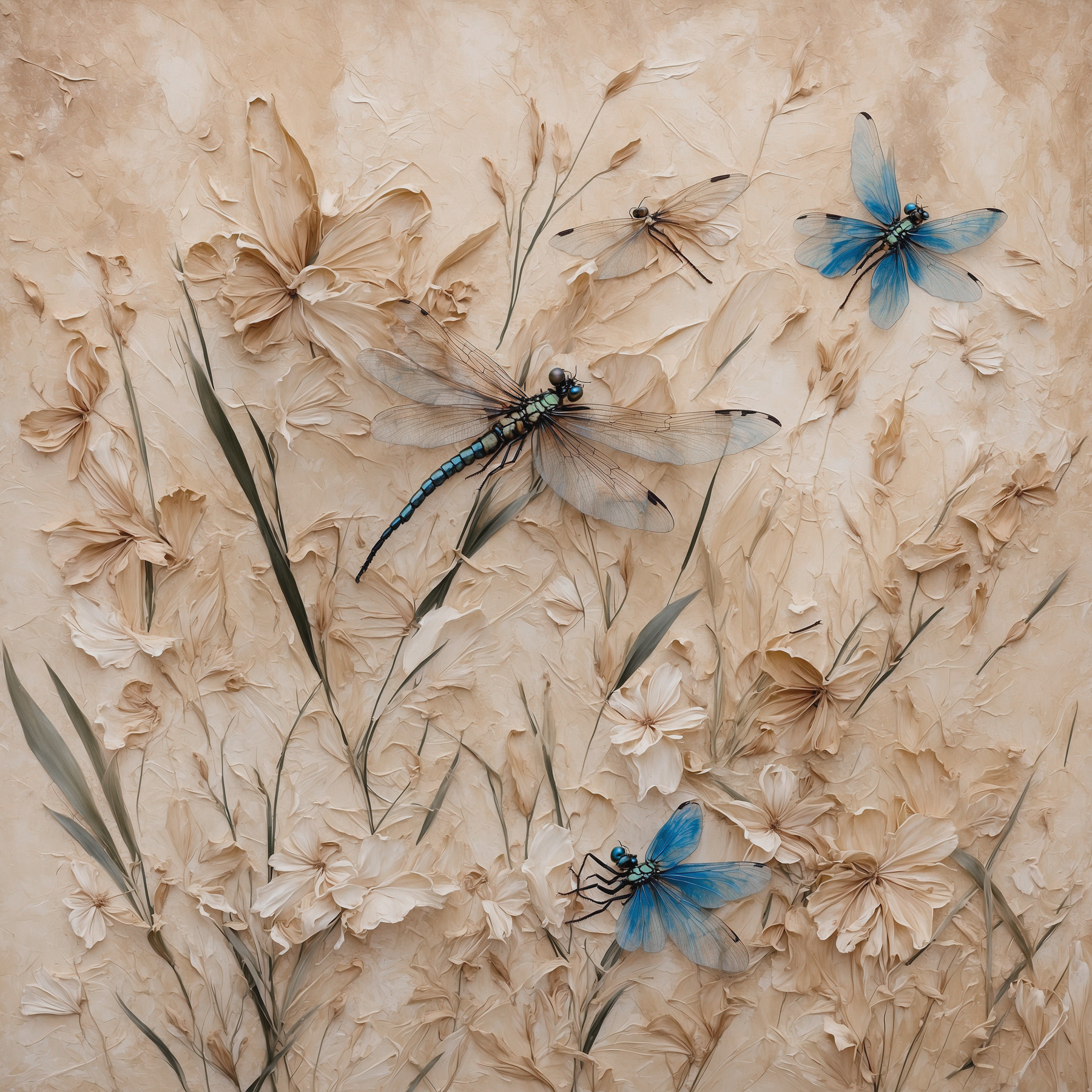 Dragonflies and flowers on a wall Dragonflies and flowers on a wall