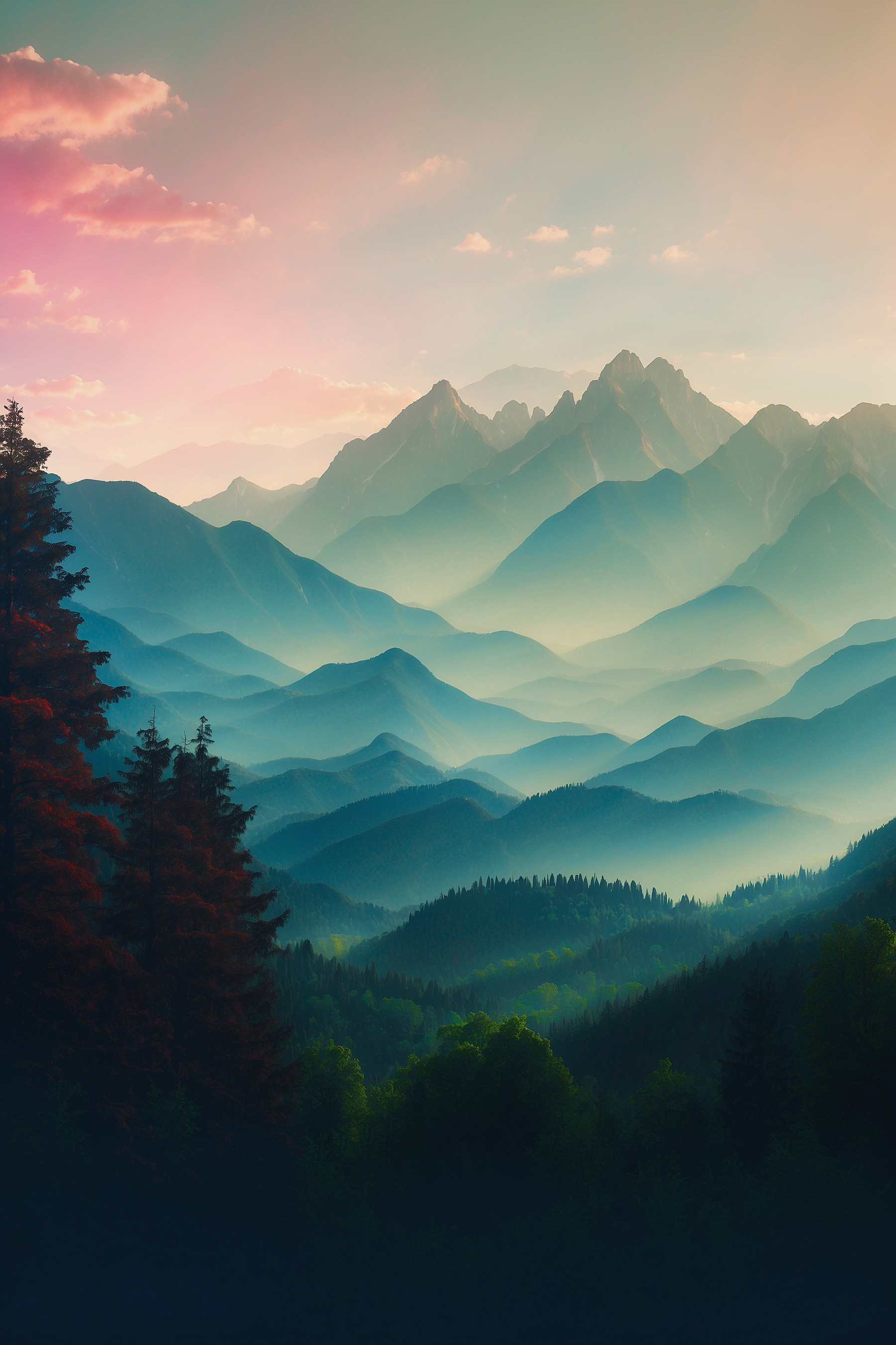 Mountain range with trees and clouds Mountain range with trees and clouds