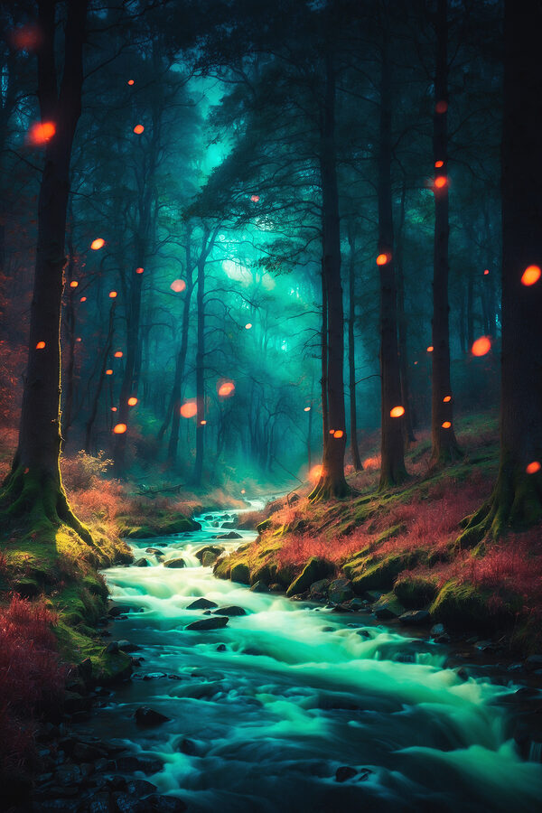 Stream in a forest with trees and leaves Stream in a forest with trees and leaves