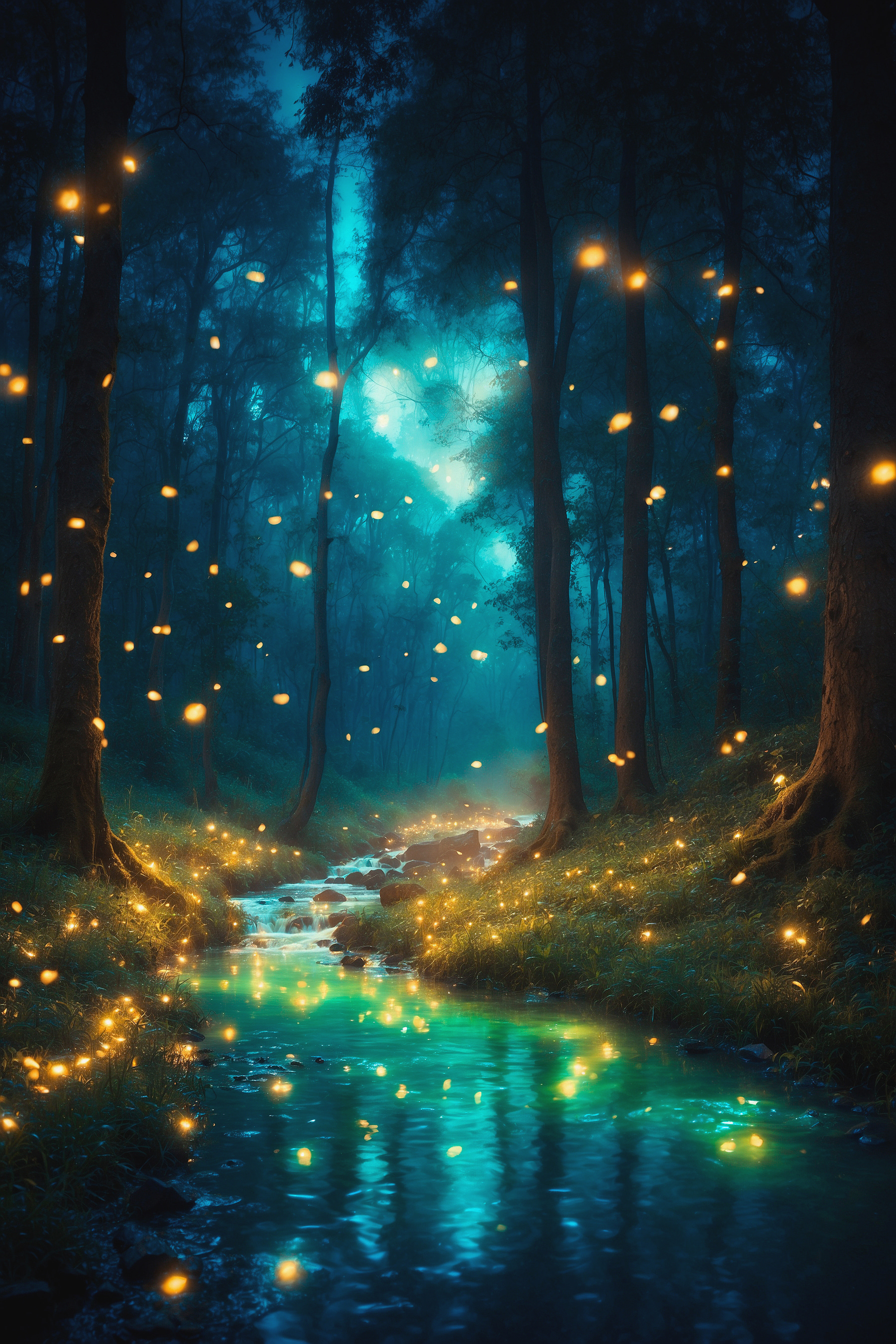 Stream in a forest with fireflies Stream in a forest with fireflies