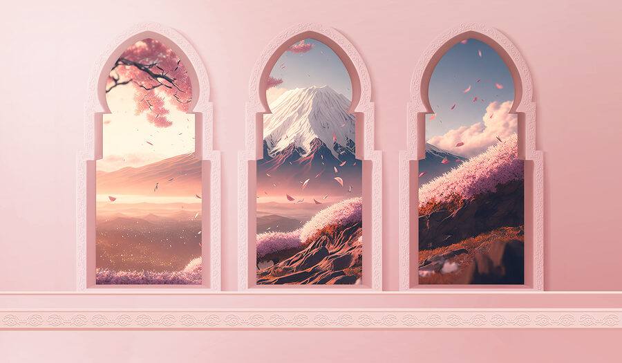 Tres ventanas en arco con vistas a la montaña