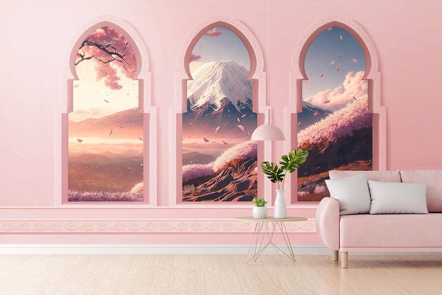 Tres ventanas en arco con vistas a la montaña