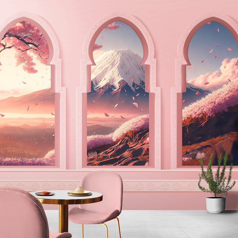 Tres ventanas en arco con vistas a la montaña