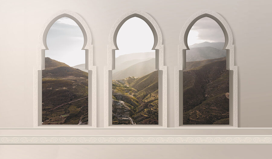 Fotomurales Tres ventanas en arco con un valle al fondo - Imagen 4