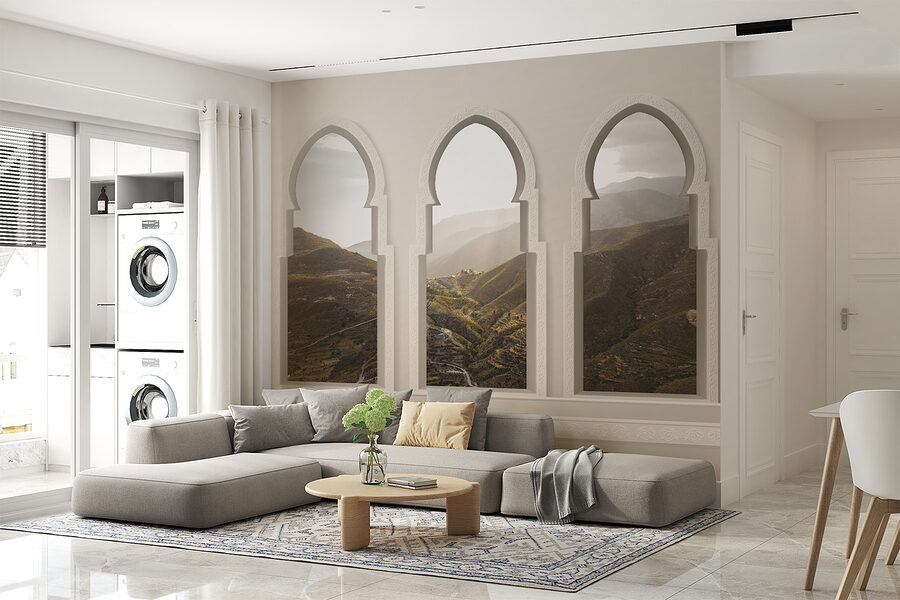 Fotomurales Tres ventanas en arco con un valle al fondo - Imagen 2