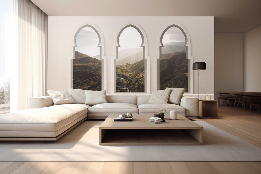 Fotomurales Tres ventanas en arco con un valle al fondo - Imagen 3