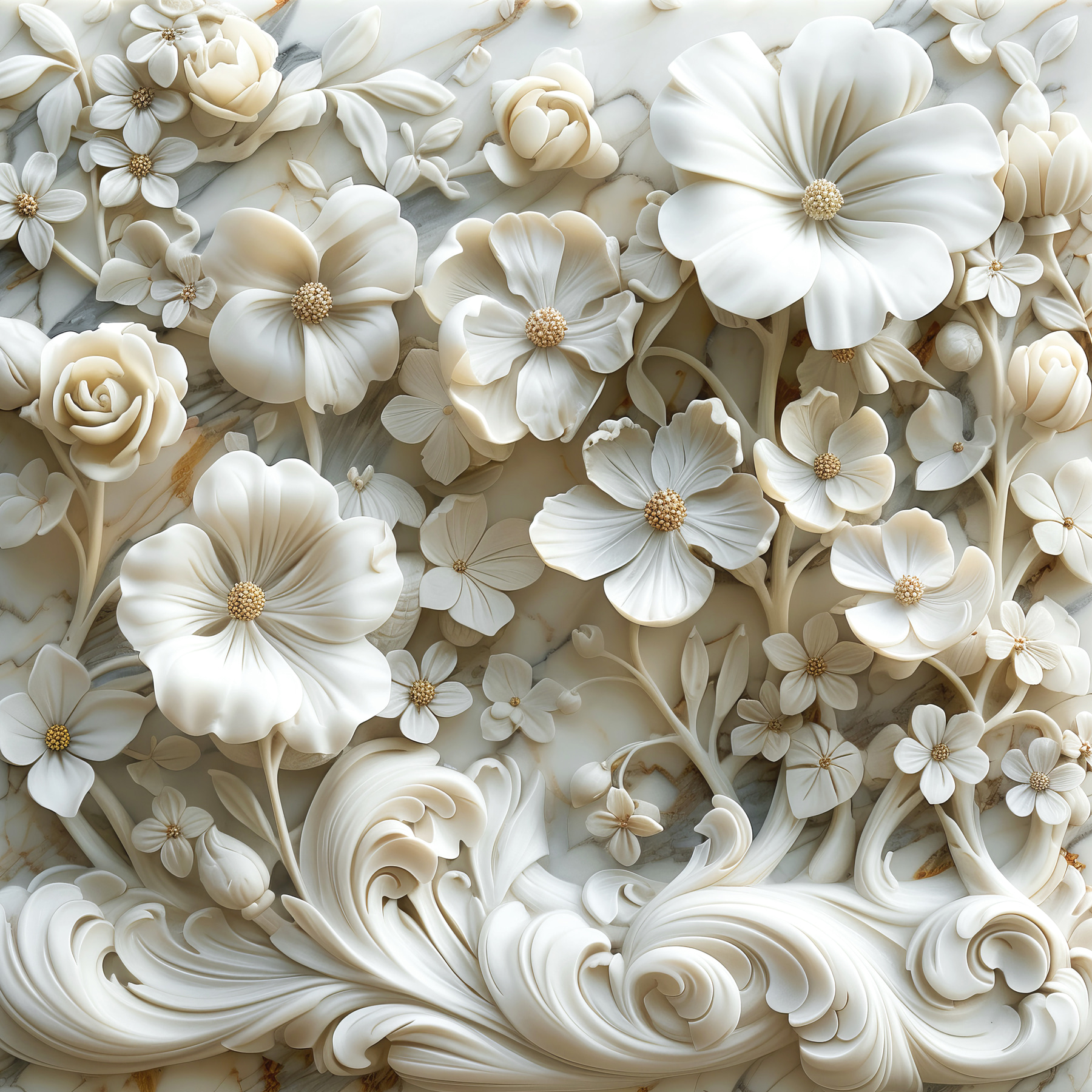 White floral design on a marble surface White floral design on a marble surface