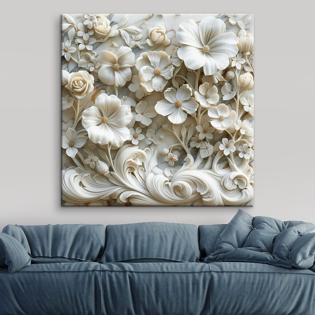White floral design on a marble surface White floral design on a marble surface