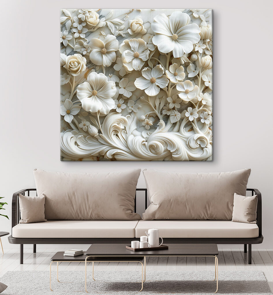White floral design on a marble surface White floral design on a marble surface