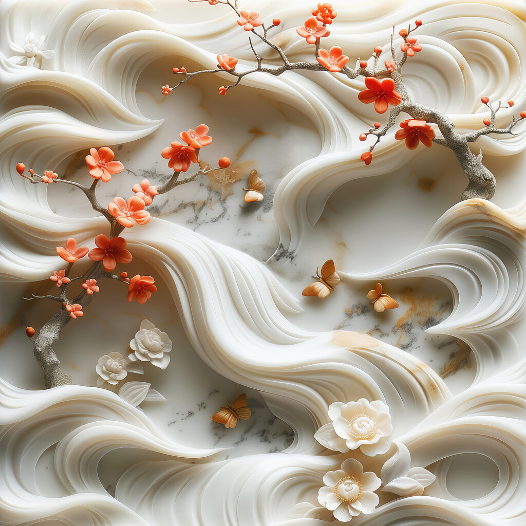 White wall with flowers and butterflies