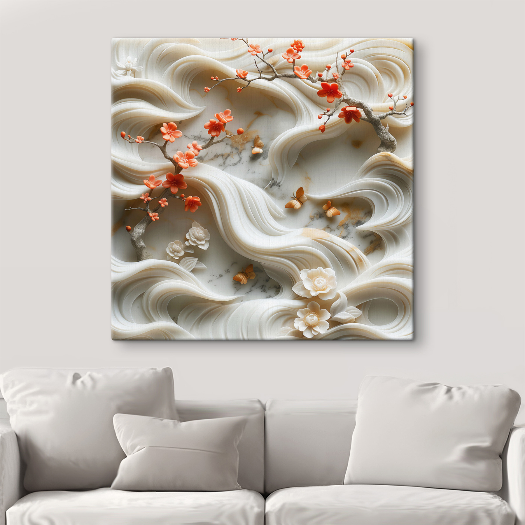 White wall with flowers and butterflies