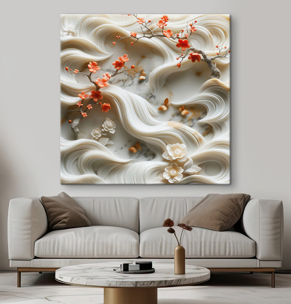 White wall with flowers and butterflies