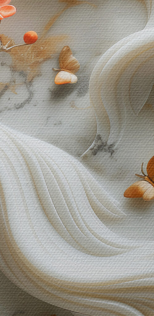 White wall with flowers and butterflies