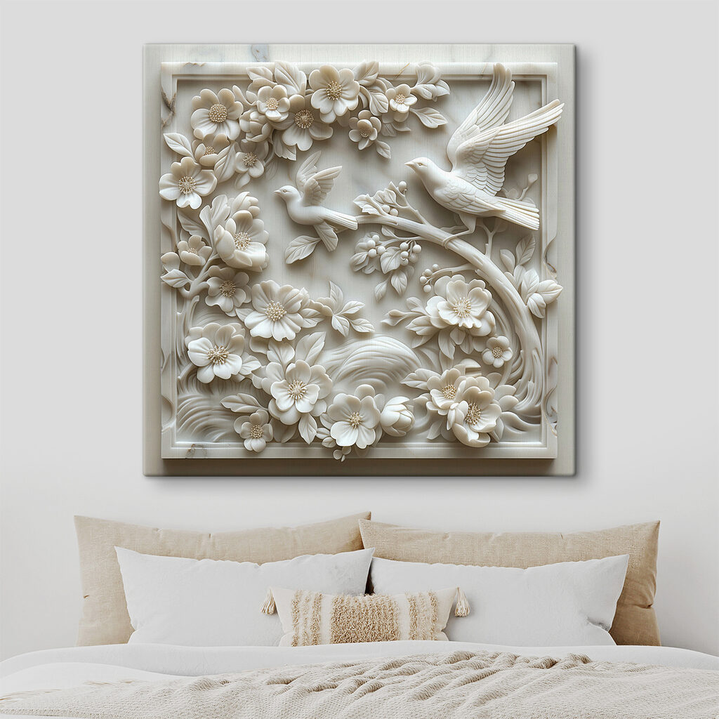 White sculpture of birds and flowers