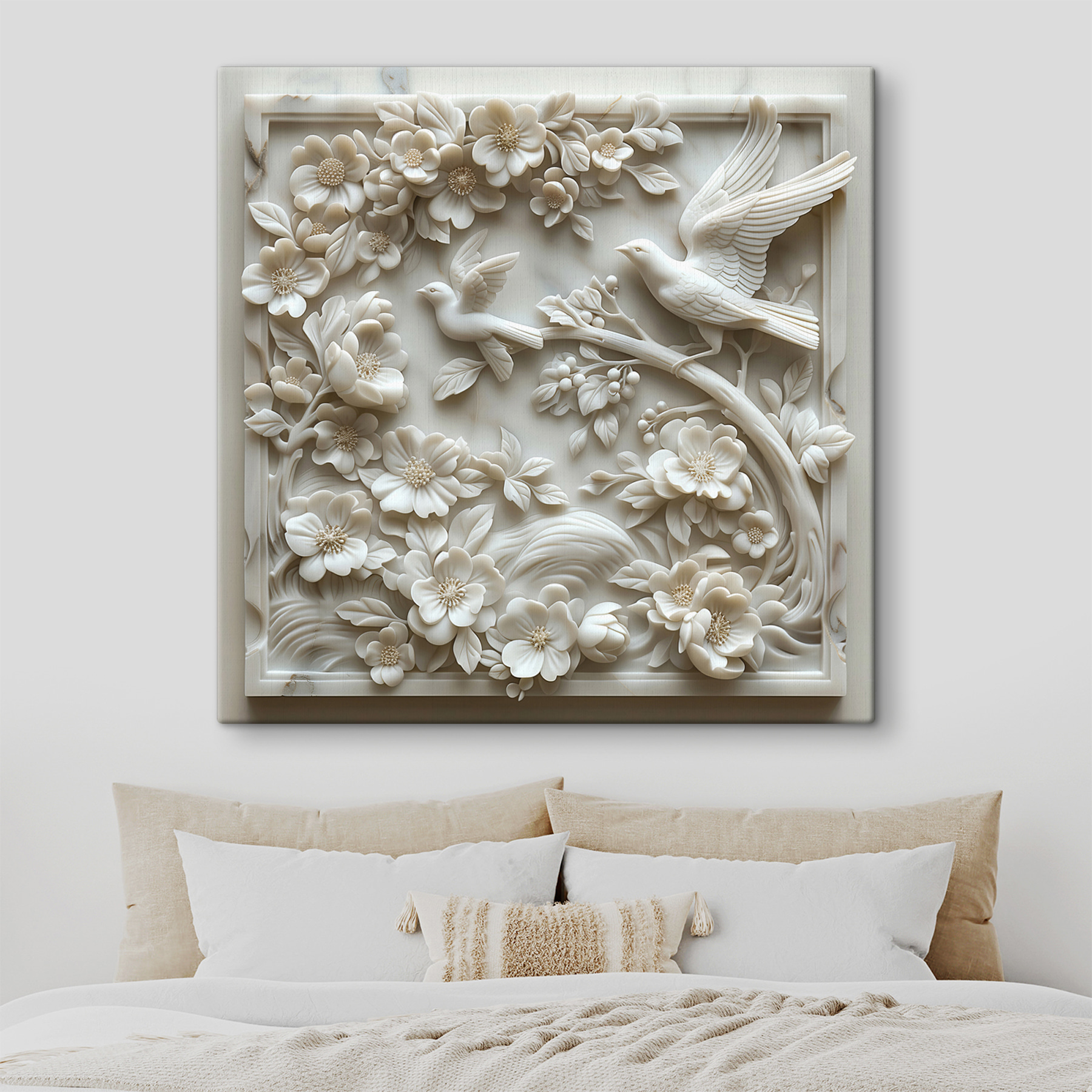 White sculpture of birds and flowers