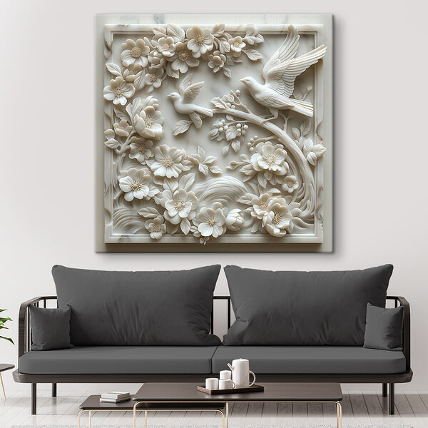 White sculpture of birds and flowers