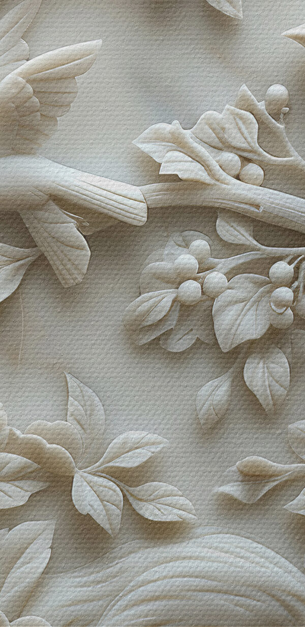 White sculpture of birds and flowers