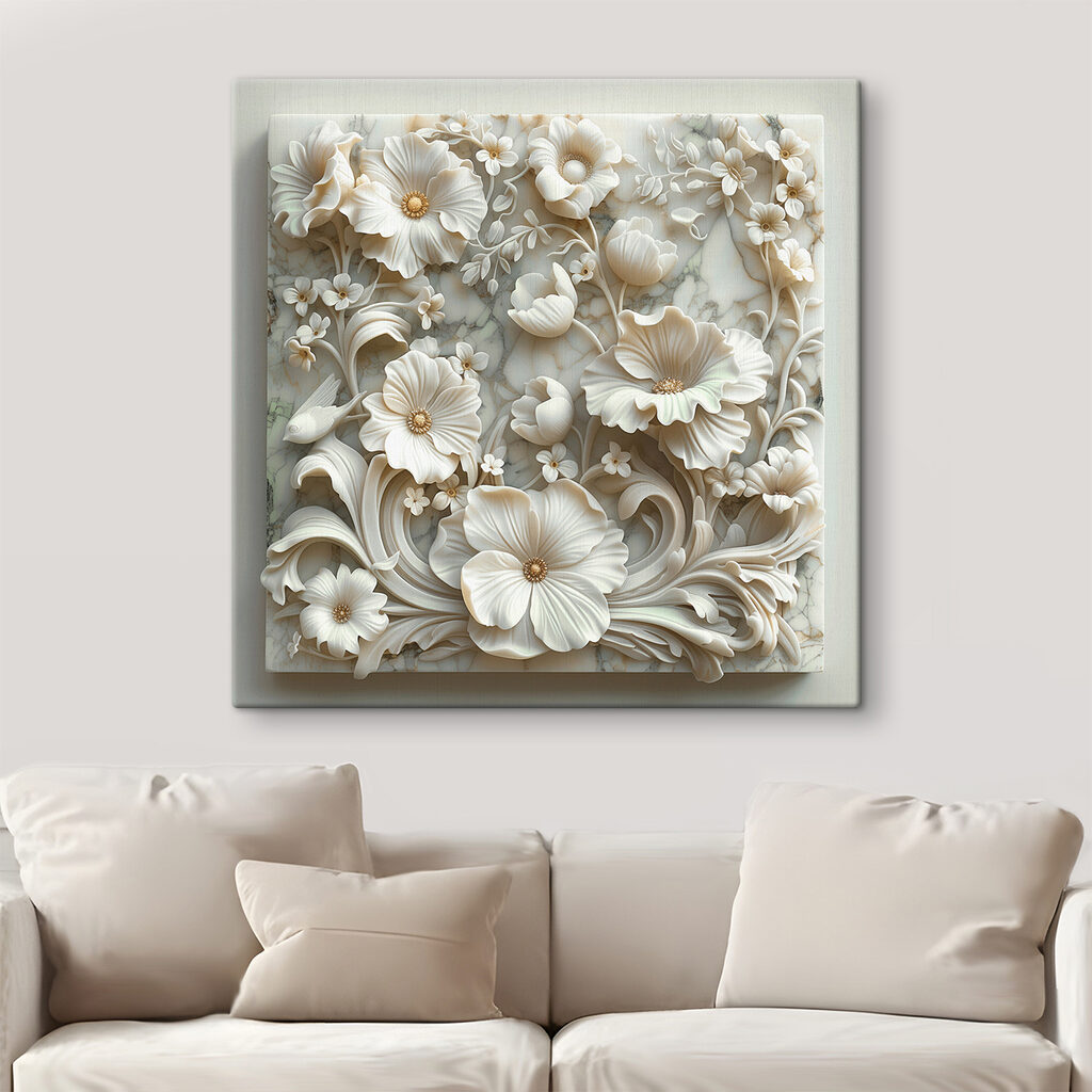 White floral design on a marble surface White floral design on a marble surface