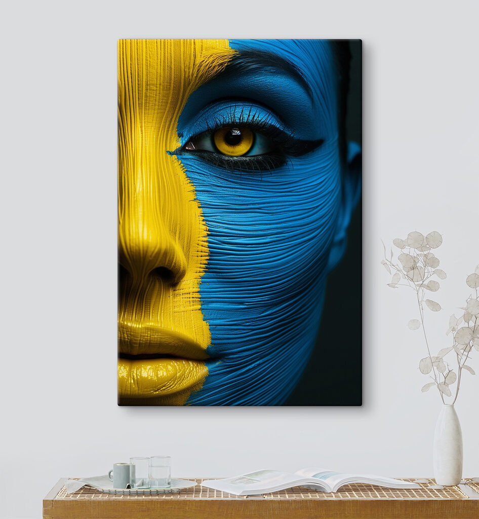 Close up of a woman's face painted with a yellow and blue paint Close up of a woman's face painted with a yellow and blue paint