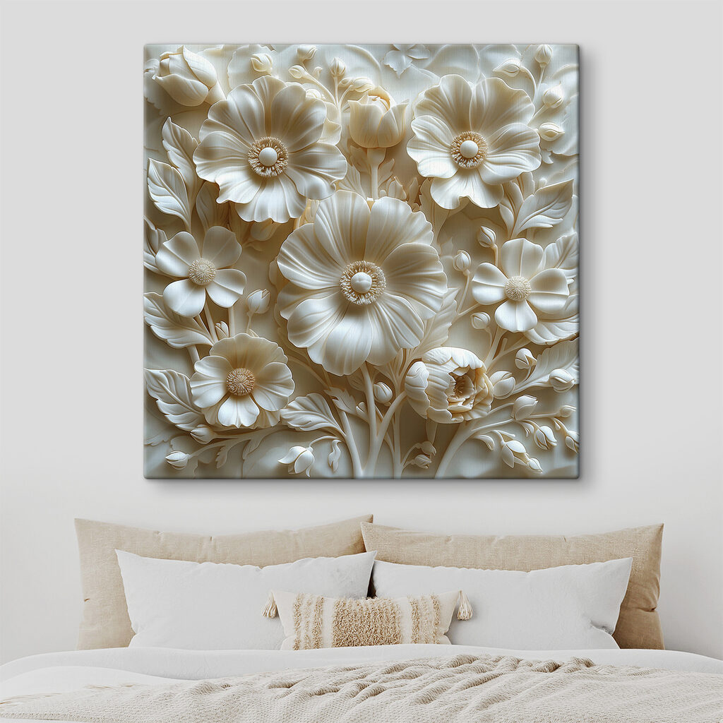 White flower sculpture with leaves and flowers