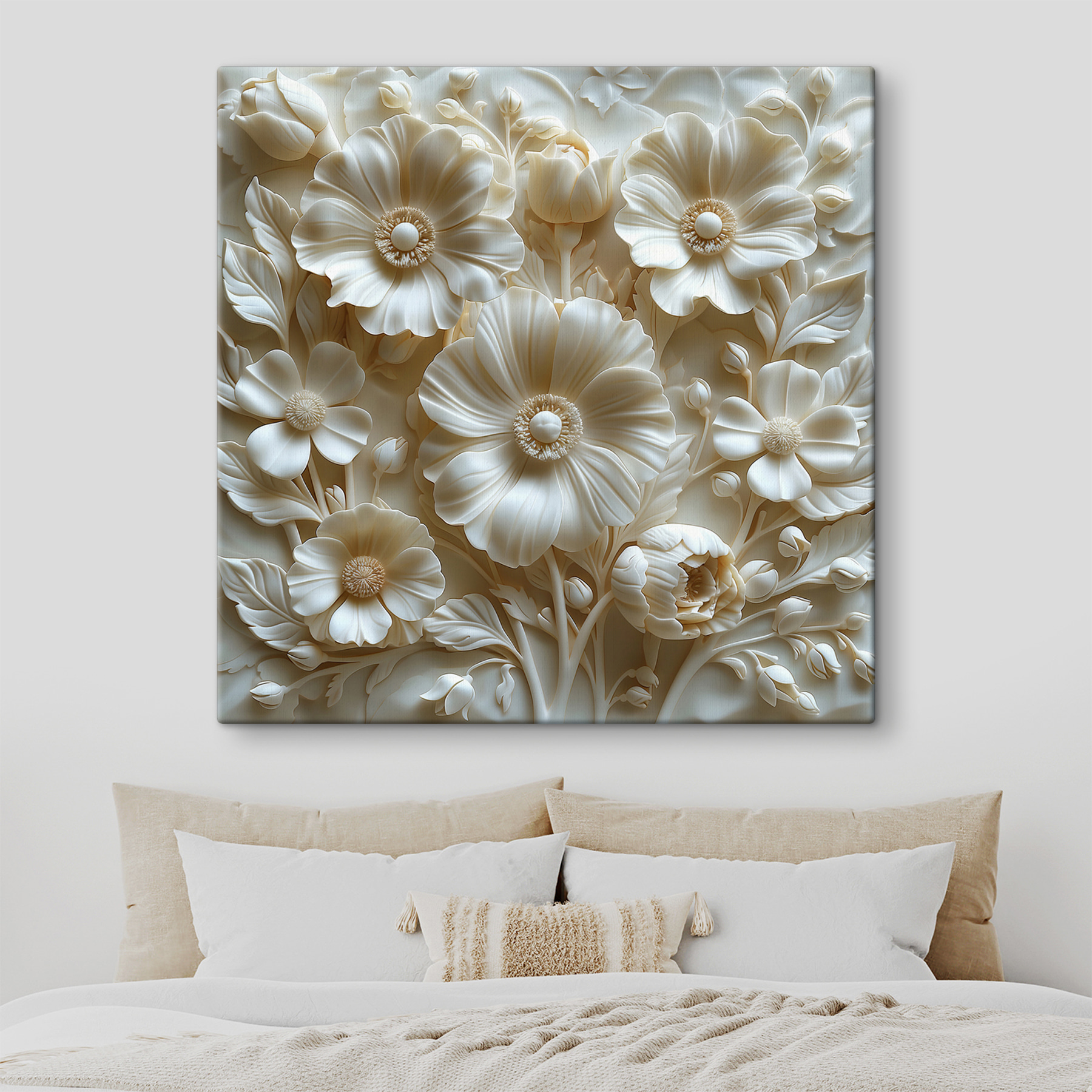 White flower sculpture with leaves and flowers