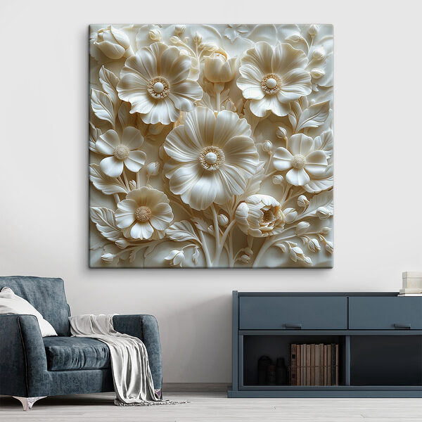 White flower sculpture with leaves and flowers